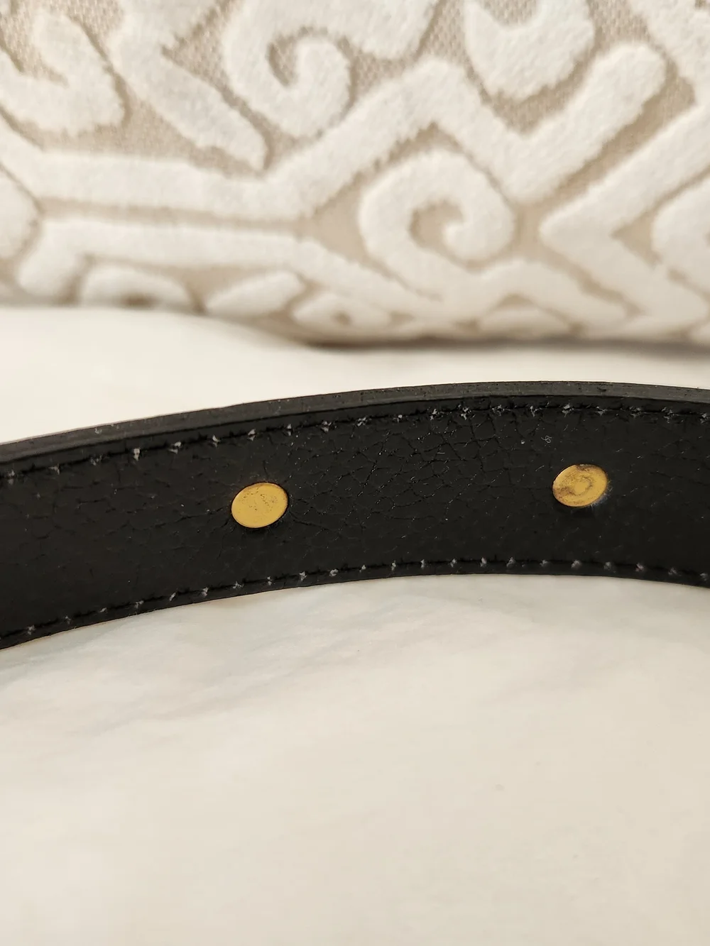 Vintage Revillon Paris Black Calf Leather Studded Belt Gold Crest Hexagon Buckle